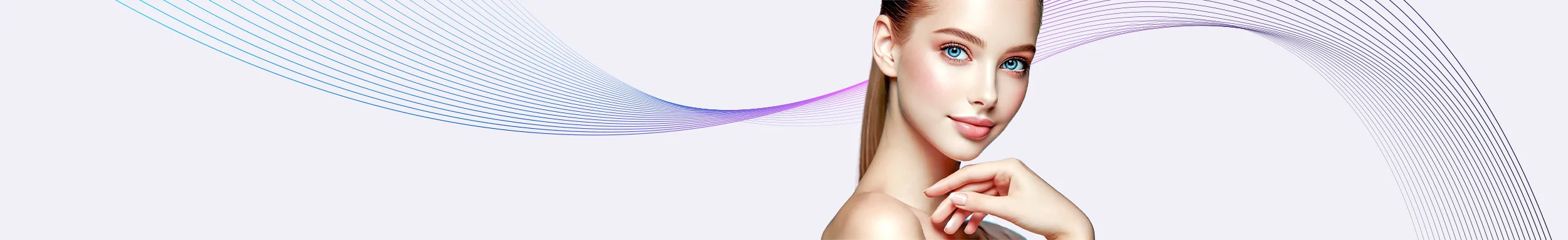 A beautiful young woman with smooth, lifted skin on her forehead and temples, highlighting the results of a brow lift and temporal lift procedure. The background features elegant, flowing lines in shades of blue and purple.